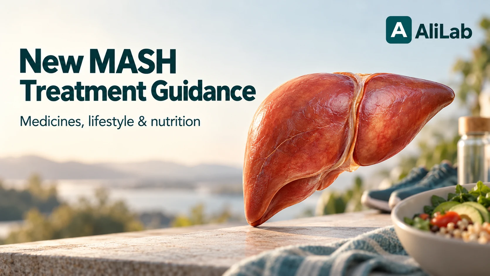 AliLab cover on new MASH treatment guidance, with a conceptual liver, healthy meal and physical activity