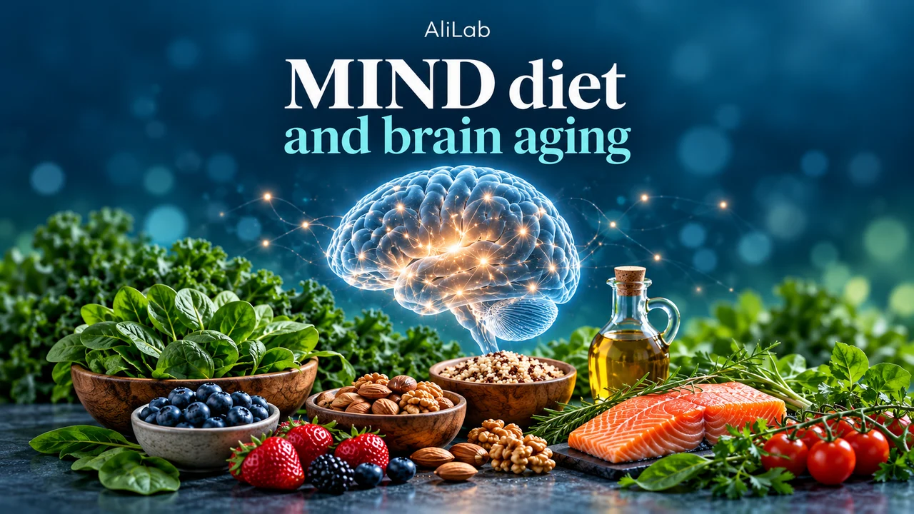AliLab English cover about the MIND diet and brain aging, showing a conceptual brain above leafy greens, berries, nuts, and fish